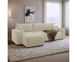 Hoekbank met opbergruimte Romee - Universeel - Teddy stof - Creme - Slaapbank met opbergruimte - Lounge Links of Rechts - Direct Leverbaar - Hoekzetel - Chaise longue - Zetel met slaapgedeelte - 3 zits - Zitcomfort Medium