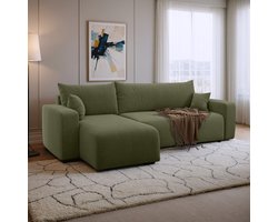 Hoekbank met opbergruimte Romee - Universeel - Teddy stof - Groen - Slaapbank met opbergruimte - Lounge Links of Rechts - Direct Leverbaar - Hoekzetel - Chaise longue - Zetel met slaapgedeelte - 3 zits - Zitcomfort Medium