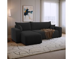 Hoekbank met opbergruimte Romee - Universeel - Teddy stof - Zwart - Slaapbank met opbergruimte - Lounge Links of Rechts - Direct Leverbaar - Hoekzetel - Chaise longue - Zetel met slaapgedeelte - 3 zits - Zitcomfort Medium