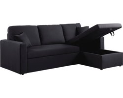 Hoekbank met opbergruimte slaapbank meubel links of rechts bank "Alain" - 221 x 145 x 85 cm - 3 zits - Zwart