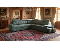 Hoekbank met Slaapfunctie 180x277x100 cm – L-vormige Vrijstaande Bank met Bedlinnenlade, Twee Poefs, Verstelbare Hoofdborden, Gestoffeerd Bankstel Donkergroen | Industrialhome