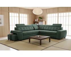 Hoekbank met Slaapfunctie 180x277x100 cm – L-vormige Vrijstaande Bank met Bedlinnenlade, Twee Poefs, Verstelbare Hoofdborden, Gestoffeerd Donkergroen Bankstel | Industrialhome