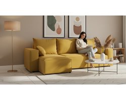Hoekbank met Slaapfunctie 246x145 cm – Luxe Slaapbank met Bedlade & Opbergruimte – Comfortabele L-vorm Sofa met Omkeerbare Chaise Longue – Moderne Bank voor Woonkamer – Velo 626 Curry – Medahomestore