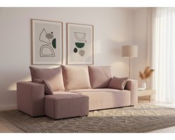 Hoekbank met Slaapfunctie 246x145 cm – Medahomestore Oslo Deluxe – L-vorm Bank met Bedlade – Lavendel Corduroy – 3-Zits Slaapbank met Opbergruimte – Moderne Stoffen Sofa