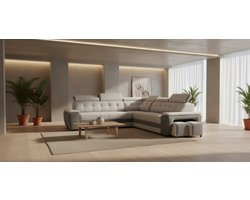 Hoekbank met Slaapfunctie 277x180x100 cm – Industrialhome Grand Deluxe L-vormige Bank – Zilver/Antraciet – Luxe Gestoffeerde Slaapbank met Bedlinnenlade, 2 Poefs & Verstelbare Hoofdborden – Modern Design