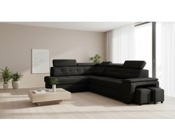 Hoekbank met Slaapfunctie 277x180x100 cm – Industrialhome Grand Luxe L-vormige Slaapbank met Opbergruimte, 2 Poefs & Verstelbare Hoofdborden – Zwart – Moderne Stoffen Hoekbank met Bedfunctie