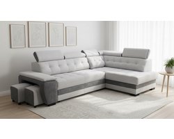 Hoekbank met slaapfunctie 277x180x100 cm – Luxe L-vormige bank met bedlinnenlade, verstelbare hoofdborden & 2 poefs – Modern design in zilver/antraciet – ASTON stof – Industrialhome