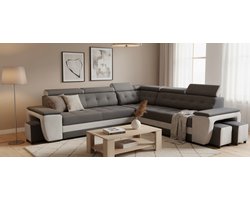 Hoekbank met slaapfunctie 277x180x100 cm – Medahomestore Grand Deluxe L-vormige Sofa Bed met opbergruimte, 2 poefs en verstelbare hoofdsteunen – Zwart Zilver – Luxe moderne stoffen bankstel