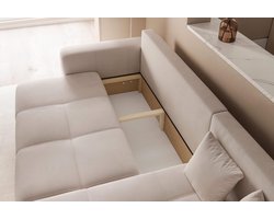 Hoekbank met Slaapfunctie en Bedlade – Luxe 3-Zits Slaapbank met Opbergruimte – Verstelbare Hoek Links/Rechts – Comfortabele Bank voor Woonkamer – Crèmekleurige Loungebank met Houten Frame – Novihome