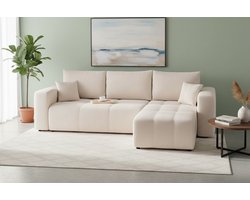 Hoekbank met Slaapfunctie en Opberglade 3-Zits – Crèmekleurige Slaapbank met Comfortabele Zit en Hoogwaardige Materialen – Flexibel Montagesysteem – Depauwwonen