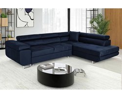 Hoekbank met slaapfunctie en opbergruimte – L-vorm 3-zits slaapbank met bedlade & verstelbare hoofdsteun – Luxe velours bank voor woonkamer (blauw, ottomane rechts) – Ganeey