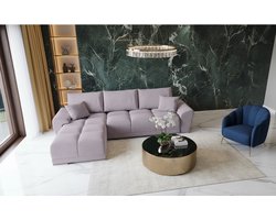 Hoekbank met Slaapfunctie en Opbergruimte - Luxe Fluwelen L-Vorm Slaapbank 289x189 cm - Uittrekbaar Bed 130x220 cm - Inclusief Rugkussens - Kleur Paars - Novihome