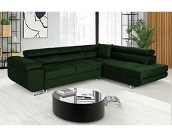 Hoekbank met Slaapfunctie en Opbergruimte – Luxe L-Vormige 3-Zits Slaapbank met Bedlade & Verstelbare Hoofdsteunen – Comfortabele Fluwelen Bank voor Woonkamer (Groen, Ottomane Rechts) – Ganeey