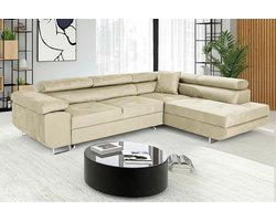 Hoekbank met Slaapfunctie en Opbergruimte – Luxe L-Vormige 3-Zits Slaapbank met Bedlade & Verstelbare Hoofdsteunen – Comfortabele Fluwelen Bank voor Woonkamer (Beige, Ottomane Rechts) – Ganeey