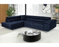 Hoekbank met Slaapfunctie en Opbergruimte – Luxe L-vormige Slaapbank met Bedlade, Comfortabele 3-Zits Hoekbank van Fluweel – Modern Design Bank voor Woonkamer – Blauw – Ganeey