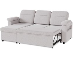 Hoekbank met Slaapfunctie en Opbergruimte – Uitschuifbare L-vormige Slaapbank, 204 × 143 × 90 cm, Binnenvering, Links of Rechts Monteerbaar, Linnen Stof, Telefoon- en Bekerhouder