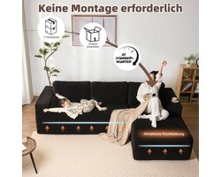 Hoekbank met slaapfunctie Industrialhome Modulaire L-vormige Slaapbank – Zwarte Corduroy Bank met Chaise Longue Rechts – Luxe Design, Extra Diep Zitvlak, Montagevrij, Comfortabele Woonkamerbank voor 5 Personen