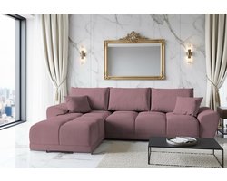 Hoekbank met Slaapfunctie L-Vorm 289x189 cm – Luxe Fluwelen Uittrekbare Slaapbank met Opbergruimte & Kussens – Comfort CollFeel Vulling – Kleur: Pruim Paars – Novihome