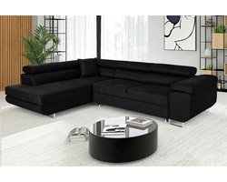 Hoekbank met Slaapfunctie L-vorm – Luxe 3-Zits Slaapbank met Bedlade & Verstelbare Hoofdsteun – Grote L-Bank voor Woonkamer – Zwart Velours – Linker Ottomane – Ganeey