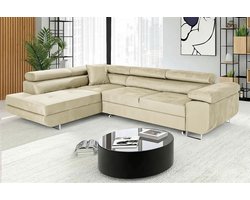 Hoekbank met Slaapfunctie L-vorm – Luxe 3-Zits Slaapbank met Bedlade & Verstelbare Hoofdsteunen – Grote Comfortabele L-Bank voor Woonkamer – Beige Velours – Linker Ottomane – Ganeey