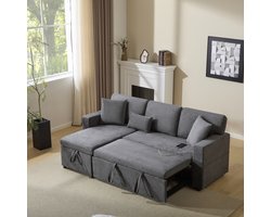 Hoekbank met Slaapfunctie - L-vormige Bank, Slaapbank - Uitschuifbaar - Met Opbergbox & Geïntegreerde Plank - Donkergrijs - Woonkamerbank - Slaapbank met Opbergruimte - Ruimtebesparend