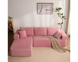 Hoekbank met slaapfunctie Medahomestore® Modulaire L-vormige Corduroy Slaapbank – Roze – Montagevrij – Extra Diep Zitvlak – Chaise Longue Links – Luxe Comfortbank voor Woonkamer