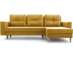 Hoekbank met slaapfunctie, omkeerbaar design en ruime opbergruimte, praktische 3/4-zitsbank – stoffen bekleding – 232x142x90 cm – CARL - Geel (Manila 32)