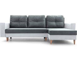 Hoekbank met slaapfunctie, omkeerbaar design en ruime opbergruimte, praktische 3/4-zitsbank – stoffen bekleding – 232x142x90 cm – CARL - Grijs + wit kunstleer (Manila 16 + Soft 17)