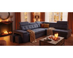 Hoekbank met Slaapfunctie Rechts 180x277x100 cm – L-vormige Vrijstaande Bank met Bedlinnenlade, 2 Poefs & Verstelbare Hoofdborden – Luxe Marineblauw Gestoffeerd Bankstel | Industrialhome