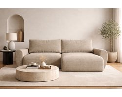Hoekbank Pass- ribstof taupe- lounge universeel- hoeksalon met bed en opbergruimte