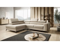 hoekbank pierre links beige- met opbergruimte en slaapfunctie- hoeksalon met bed en opbergruimte- zetelsenbedden