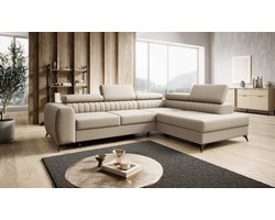 hoekbank pierre rechts beige- met opbergruimte en slaapfunctie- hoeksalon met bed en opbergruimte- zetelsenbedden