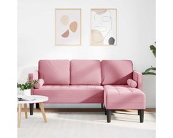 Hoekbank roze met fluwelen bekleding, polyester bankset met kussen, flexibel design voor veelzijdige configuraties, duurzame houtmaterialen, platte armleuningen, eenvoudige montage