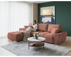 Hoekbank Slaapbank 289x189 cm Fluweel Roze – Luxe L-vormige Bank met Opbergruimte & Uittrekbaar Bed – Moderne Velours Hoekbank met Kussens – Bedfunctie – 3-Zits – CollFeel Foam – Medahomestore