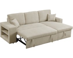 Hoekbank slaapbank meubel opbergruimte links of rechts velours ribfluweel bank "Axel" - 3 zits - Beige - lichtbruin