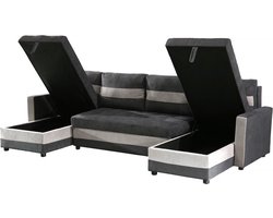 Hoekbank slaapbank U-bank opbergruimte stoffen bank meubel "Antoine" - 5 zits - Donkergrijs / Lichtgrijs