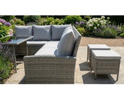 Hoekbank Tuinset Depauwonen Madison & Monroe – 3-delige L-vormige Polyrotan Loungeset met Tafel en Kussens – Weerbestendig, UV-bestendig, Modern Design voor Balkon, Terras en Tuin – Grijs