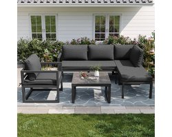 Hoekbank Tuinset met verzinkt ijzeren frame, grijze touw loungeset, verstelbare poten, inclusief kussens