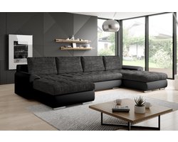 Hoekbank U Tokio xl - Hoeksalon wooneiland met slaapfunctie ( bed ) en opbergruimte - zwart pu en zwart stof - Hoekzetel promo zetelsenbedden