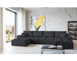 Hoekbank U-vorm Fluweel Zwart 365x189 cm met Opbergruimte en Slaapfunctie – Luxe Uittrekbare Slaapbank met Bedfunctie en Kussens – Moderne Bank met Opbergruimte – Novihome