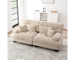 Hoekbank voor de woonkamer – tweezitsbank met fluwelen bekleding – inclusief 2 rugkussens en 2 sierkussens – massief houten frame – lichtbruine fluwelen bekleding