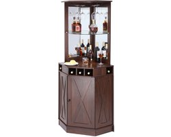Hoekbarkast in industriële stijl, wijntafel voor sterke drank en glazen. Dressoir-buffetkast met glazenhouder. Vrijstaande koffiebar uit boerenhout voor de woonkamer, huisbar. Zwarte walnoot