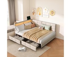 Hoekbed 140x200 cm met Opbergruimte, Beige Stoffen Bed met LED Verlichting, USB & Type-C, 2 Lades en Hoofdeinde met Opbergvakken