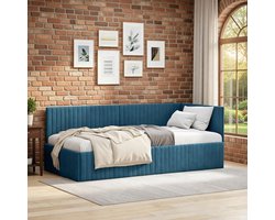 Hoekbed 90x200 cm met Hoofdbord – Fluwelen Dagbed & Slaapbank in Blauw – Modern Ruimtebesparend Design – Inclusief Lattenbodem – Casa Serena