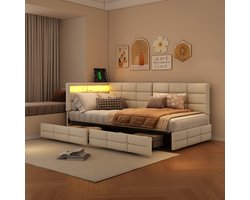 Hoekbed 90x200 cm met Opbergruimte, Beige Stoffen Bed met LED Verlichting, USB/Type-C en Stopcontacten, 2 Lades en Hoofdeinde met Opbergvakken