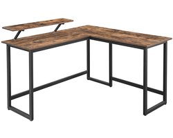 Hoekbureau 140 x 130 x76/91,5cm,bruin+zwart L-vormig Computertafel Bureau met monitorstandaard, geschikt voor thuiswerken, studeren, schrijven en gamen, eenvoudig te monteren, ruimtebesparend,