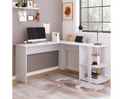 Hoekbureau 140CM Computerbureau, L-vormig hoekbureau met 2 schappen, H75/B140/L140CM, Wit