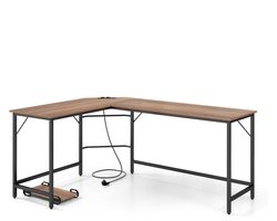 Hoekbureau 168 cm met Stopcontact - CPU-standaard en Stevig Metalen Frame in Natuur/Bruin/Zwart