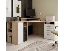 Hoekbureau Efford Met Opbergruimte | Eik/Wit - Emob - Bureau - Wit; Bruin - Spaanplaat