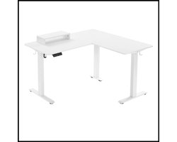 Hoekbureau elektrisch zit-sta L-vormig – 140x120cm – Hoogte verstelbaar 72-120cm – 4 geheugenstanden – Monitorstandaard – 80kg draagkracht – Stil mechanisme – Wit – Ruimtebesparend – Ergonomisch – Inclusief haken – E1 hout – Metaal frame